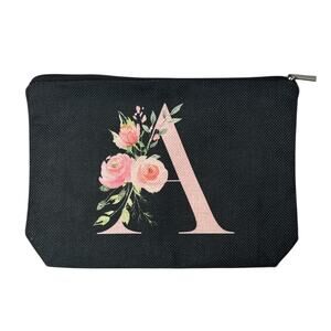 Floral Monogram “A” Makeup Bag Black Canvas Cosmetic Pouch with Pink Interior